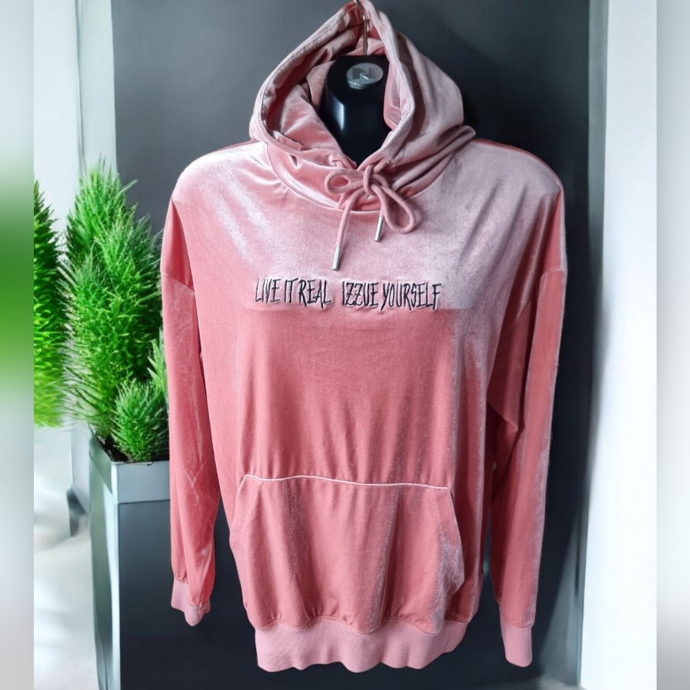 Izzue Salmon Velour Oversized Hoodie with Slogan
